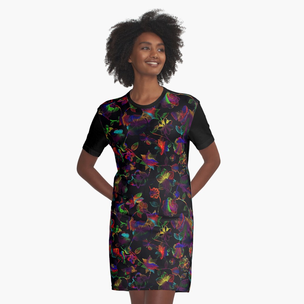 Butterfly Garden - Rainbow on Black Graphic T-Shirt Dress
