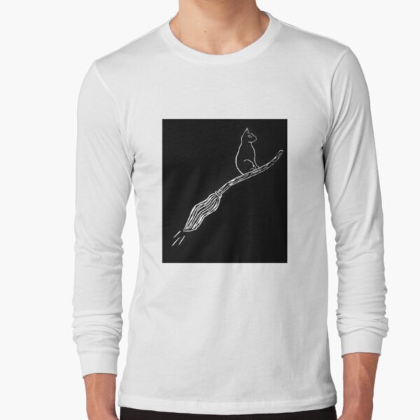 Cat with flying broom (color/transparent version) block print Long Sleeve T-Shirt