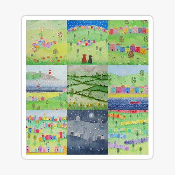 Countryside and seaside scenes #1 - pretty rainbow houses, sheep, dogs, happy, uplifting Sticker