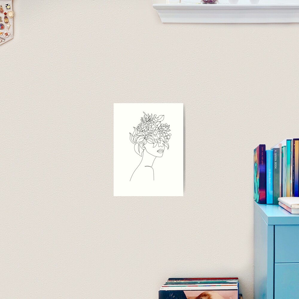 Pflanzenkopf Frau Kunstdruck | Frau mit Pflanzen auf Kopfplakat | Blumenfrau Wandkunst | Frau mit Blumenkopfdruck | Strichzeichnung Frau Kunstdruck