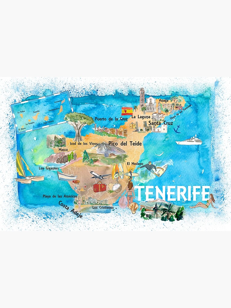 Disover Tenerife Canarias Spain Illustrated Map with Landmarks and Highlights Premium Matte Vertical Poster
