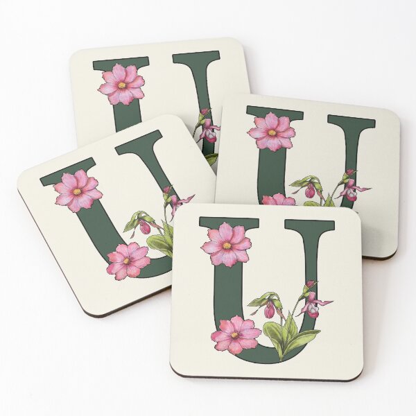 Item preview, LETTER U, Initial, Monogram, Alphabet Letter, Flowers, Ladyslipper, Cosmos, Pink designed and sold by JoyfulWhimsy.