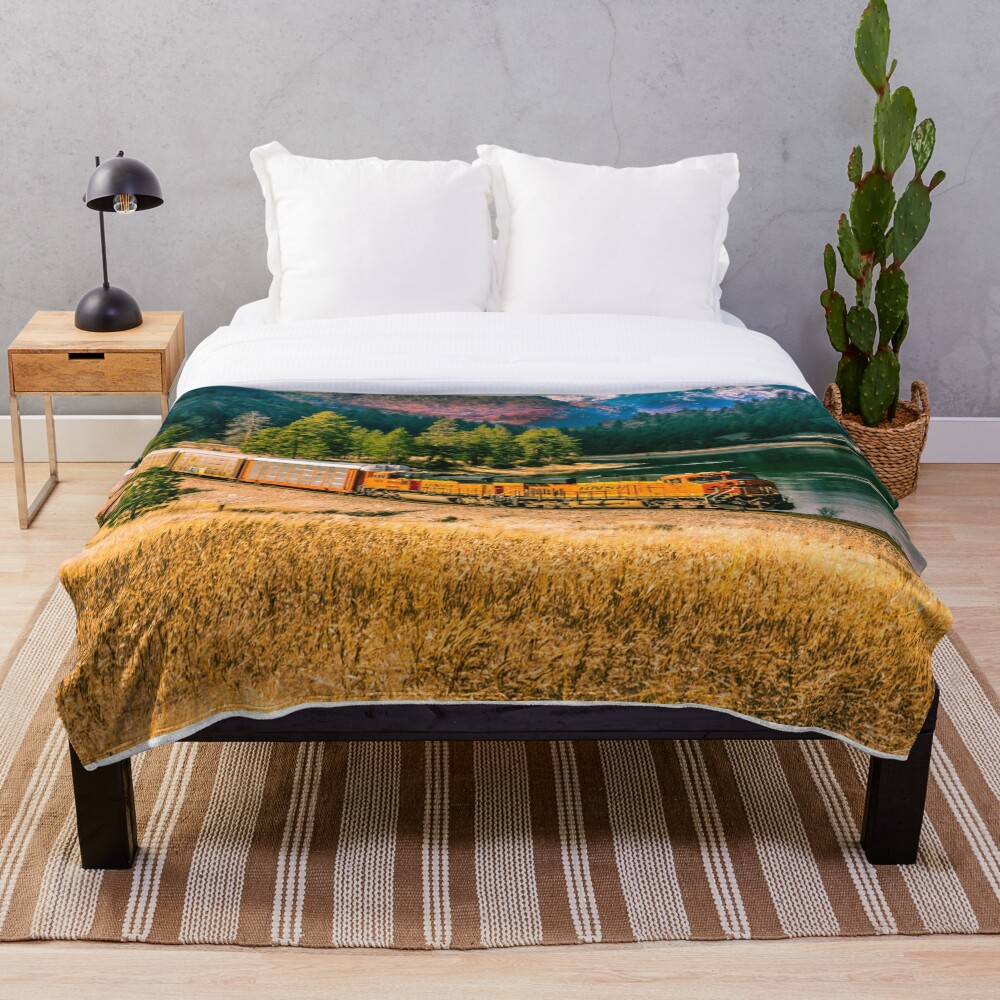 Car Train by the River Throw Blanket