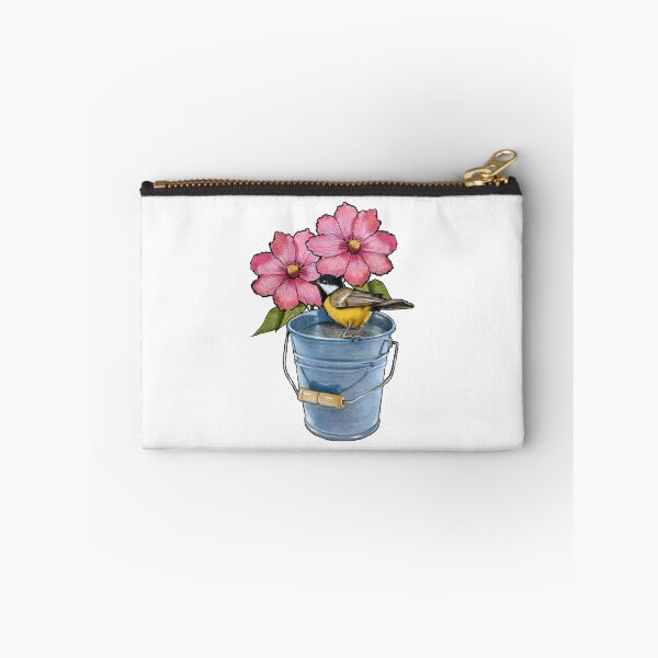 Item preview, Garden Scene: Bird on Pail, Pink Flowers, Nature, Illustration, Freehand Art designed and sold by JoyfulWhimsy.