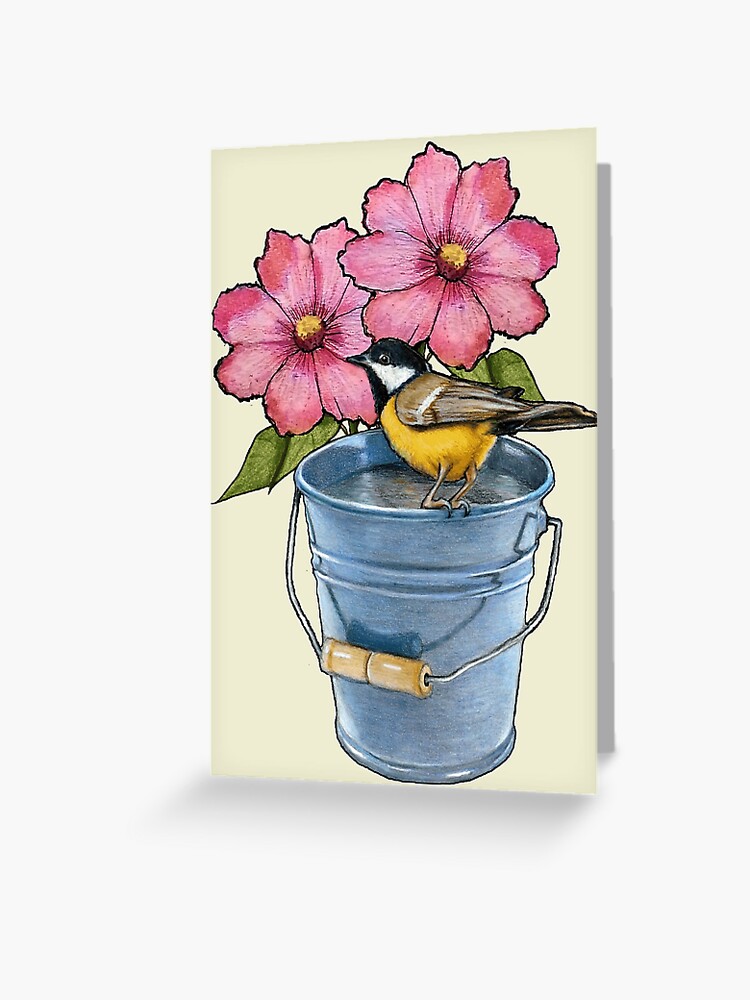 Tarjetas de felicitación «Escena del jardín: pájaro en cubo, flores  rosadas, naturaleza, ilustración, arte a mano alzada» de Joyce | Redbubble