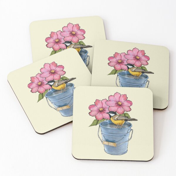 Item preview, Garden Scene: Bird on Pail, Pink Flowers, Nature, Illustration, Freehand Art designed and sold by JoyfulWhimsy.