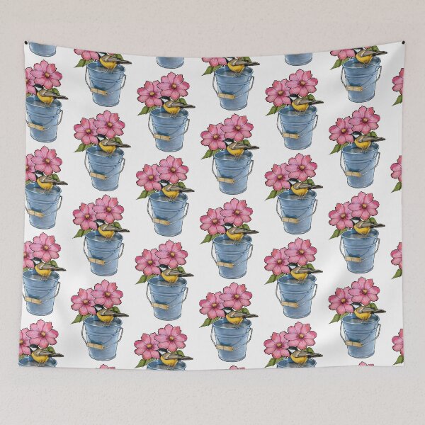 Item preview, Garden Scene: Bird on Pail, Pink Flowers, Nature, Illustration, Freehand Art designed and sold by JoyfulWhimsy.