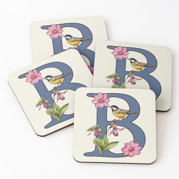 Item preview, LETTER B, Initial, Monogram, BIRD, Flowers, Ladyslipper, Cosmos, Pink designed and sold by JoyfulWhimsy.