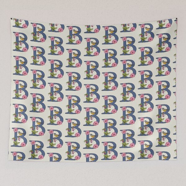 Item preview, LETTER B, Initial, Monogram, BIRD, Flowers, Ladyslipper, Cosmos, Pink designed and sold by JoyfulWhimsy.