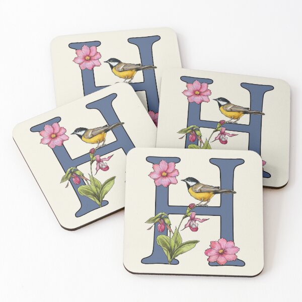 Item preview, LETTER H, Initial, Monogram, BIRD, Flowers, Ladyslipper, Cosmos, Pink designed and sold by JoyfulWhimsy.