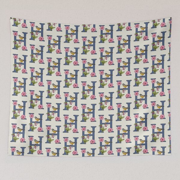 Item preview, LETTER H, Initial, Monogram, BIRD, Flowers, Ladyslipper, Cosmos, Pink designed and sold by JoyfulWhimsy.