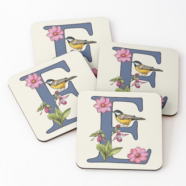 Item preview, LETTER E, Initial, Monogram, BIRD, Flowers, Ladyslipper, Cosmos, Pink designed and sold by JoyfulWhimsy.