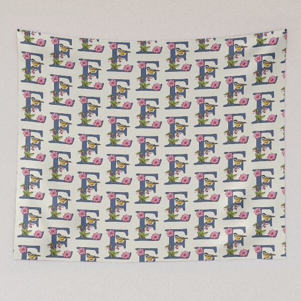 Item preview, LETTER E, Initial, Monogram, BIRD, Flowers, Ladyslipper, Cosmos, Pink designed and sold by JoyfulWhimsy.