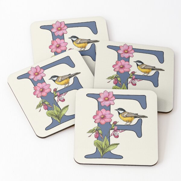 Item preview, LETTER F, Initial, Monogram, BIRD, Flowers, Ladyslipper, Cosmos, Pink designed and sold by JoyfulWhimsy.
