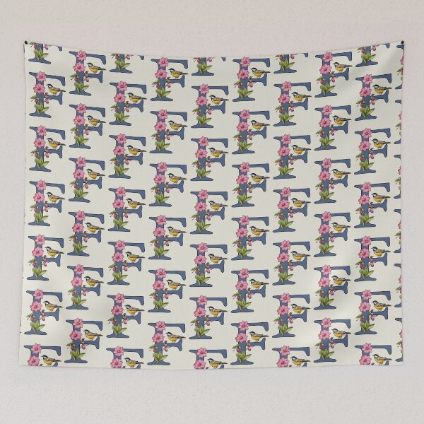 Item preview, LETTER F, Initial, Monogram, BIRD, Flowers, Ladyslipper, Cosmos, Pink designed and sold by JoyfulWhimsy.