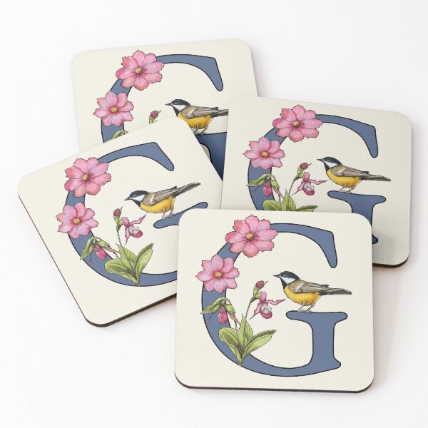 Item preview, LETTER G, Initial, Monogram, BIRD, Flowers, Ladyslipper, Cosmos, Pink designed and sold by JoyfulWhimsy.