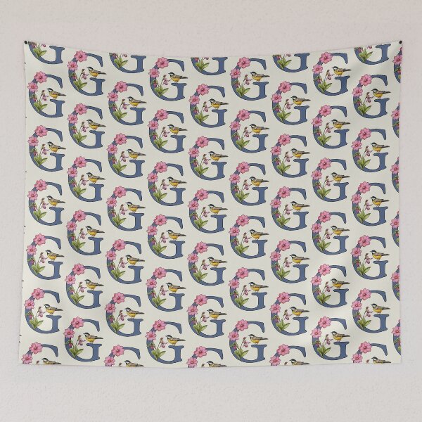 Item preview, LETTER G, Initial, Monogram, BIRD, Flowers, Ladyslipper, Cosmos, Pink designed and sold by JoyfulWhimsy.
