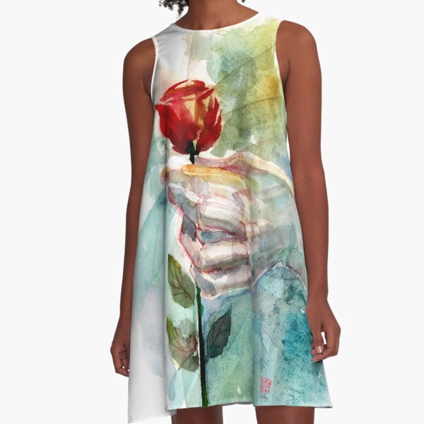 Last Rose Given - Watercolor Art by Tony Moy A-Line Dress