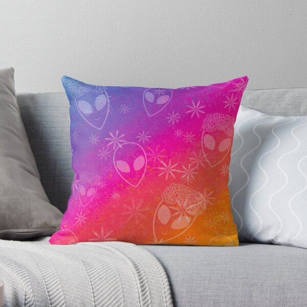 Neon Rainbow Sunset Aliens and Flowers Throw Floor Pillows Throw Pillow