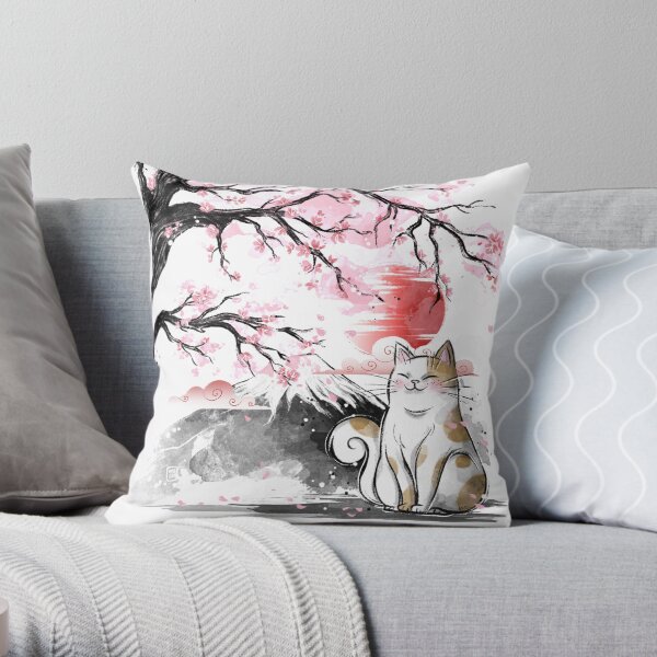 Sakura cat Throw Pillow