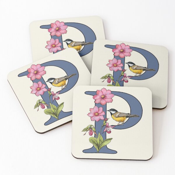 Item preview, LETTER P, Initial, Monogram, BIRD, Flowers, Ladyslipper, Cosmos, Pink designed and sold by JoyfulWhimsy.