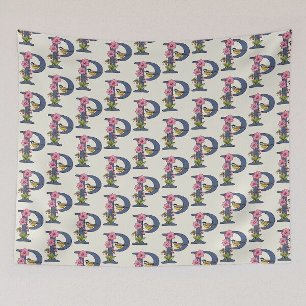Item preview, LETTER P, Initial, Monogram, BIRD, Flowers, Ladyslipper, Cosmos, Pink designed and sold by JoyfulWhimsy.