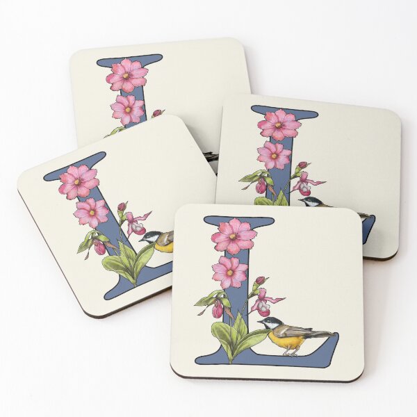 Item preview, LETTER L, Initial, Monogram, BIRD, Flowers, Ladyslipper, Cosmos, Pink designed and sold by JoyfulWhimsy.