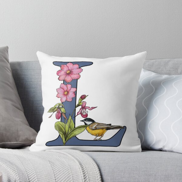 Item preview, LETTER L, Initial, Monogram, BIRD, Flowers, Ladyslipper, Cosmos, Pink designed and sold by JoyfulWhimsy.