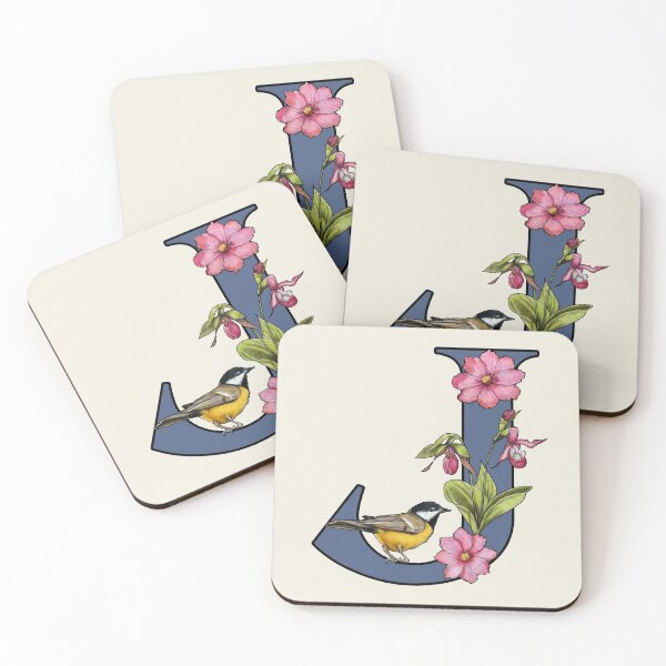 Item preview, LETTER J, Initial, Monogram, BIRD, Flowers, Ladyslipper, Cosmos, Pink designed and sold by JoyfulWhimsy.