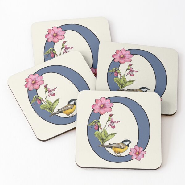 Item preview, LETTER O, Initial, Monogram, BIRD, Flowers, Ladyslipper, Cosmos, Pink designed and sold by JoyfulWhimsy.