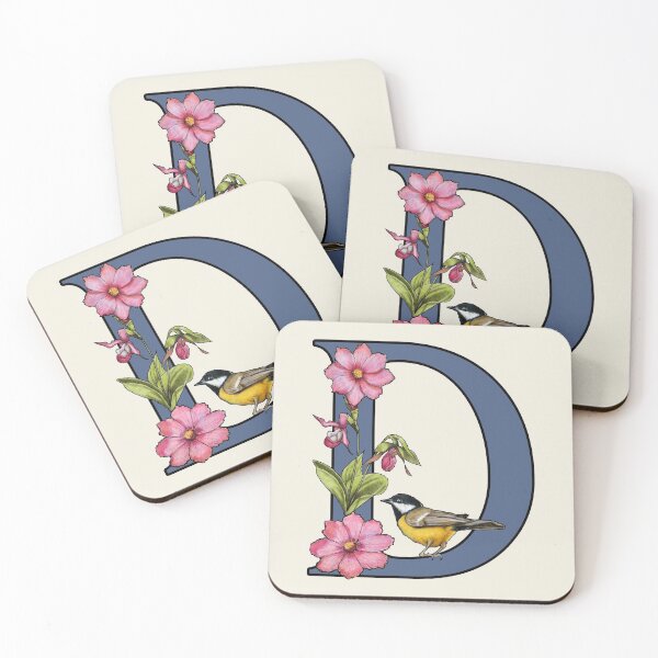 Item preview, LETTER D, Initial, Monogram, BIRD, Flowers, Ladyslipper, Cosmos, Pink designed and sold by JoyfulWhimsy.