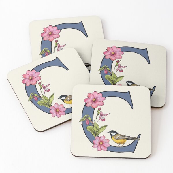 Item preview, LETTER C, Initial, Monogram, BIRD, Flowers, Ladyslipper, Cosmos, Pink designed and sold by JoyfulWhimsy.