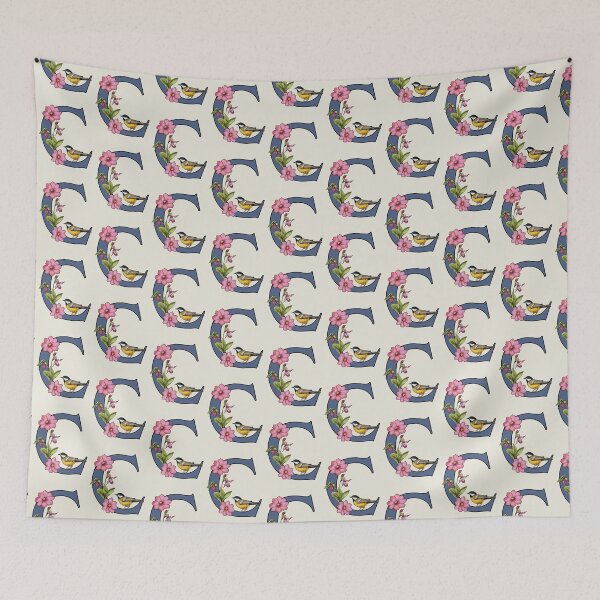 Item preview, LETTER C, Initial, Monogram, BIRD, Flowers, Ladyslipper, Cosmos, Pink designed and sold by JoyfulWhimsy.