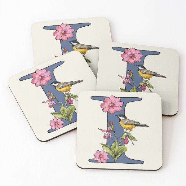 Item preview, LETTER I, Initial, Monogram, BIRD, Flowers, Ladyslipper, Cosmos, Pink designed and sold by JoyfulWhimsy.