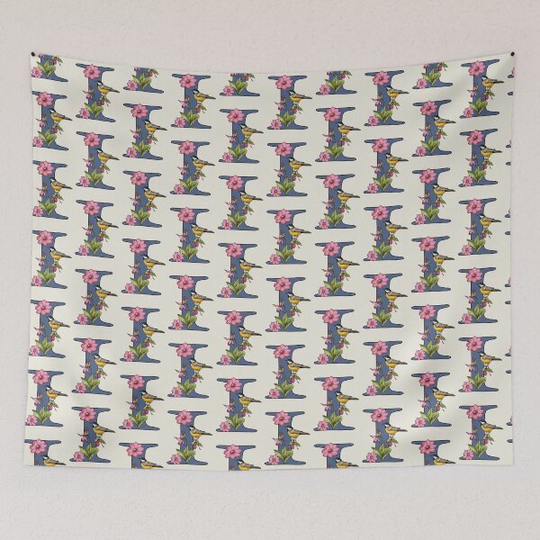 Item preview, LETTER I, Initial, Monogram, BIRD, Flowers, Ladyslipper, Cosmos, Pink designed and sold by JoyfulWhimsy.