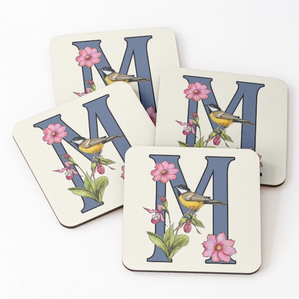 Item preview, LETTER M, Initial, Monogram, BIRD, Flowers, Ladyslipper, Cosmos, Pink designed and sold by JoyfulWhimsy.