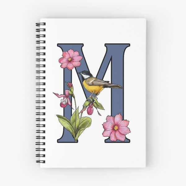 Item preview, LETTER M, Initial, Monogram, BIRD, Flowers, Ladyslipper, Cosmos, Pink designed and sold by JoyfulWhimsy.