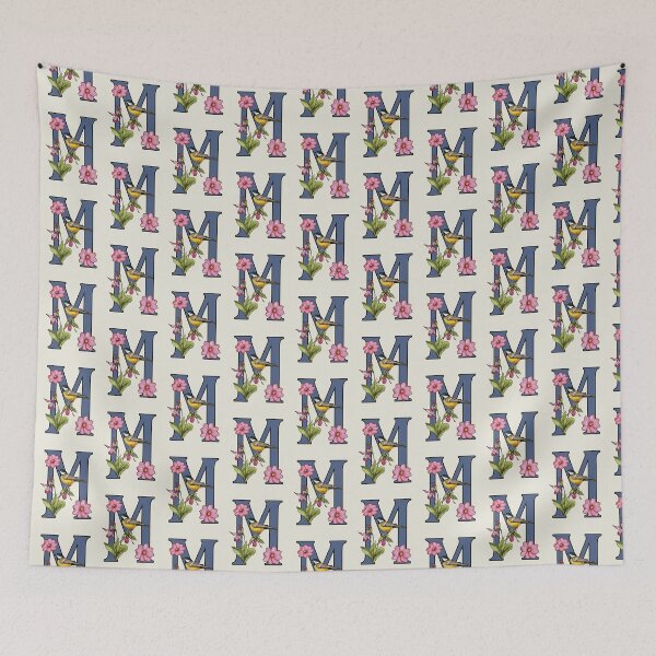 Item preview, LETTER M, Initial, Monogram, BIRD, Flowers, Ladyslipper, Cosmos, Pink designed and sold by JoyfulWhimsy.