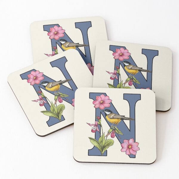 Item preview, LETTER N, Initial, Monogram, BIRD, Flowers, Ladyslipper, Cosmos, Pink designed and sold by JoyfulWhimsy.
