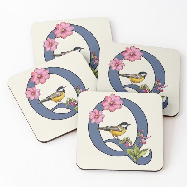 Item preview, LETTER Q, Initial, Monogram, BIRD, Flowers, Ladyslipper, Cosmos, Pink designed and sold by JoyfulWhimsy.