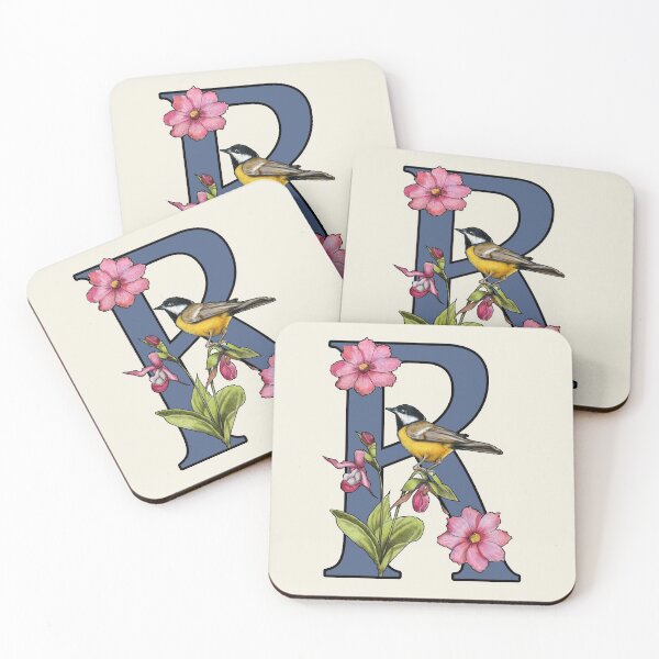 Item preview, LETTER R, Initial, Monogram, BIRD, Flowers, Ladyslipper, Cosmos, Pink designed and sold by JoyfulWhimsy.