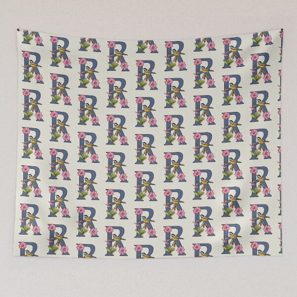Item preview, LETTER R, Initial, Monogram, BIRD, Flowers, Ladyslipper, Cosmos, Pink designed and sold by JoyfulWhimsy.
