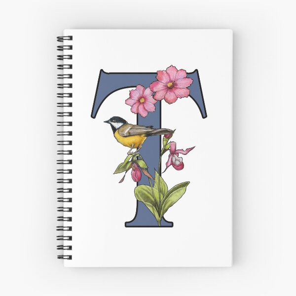 Item preview, LETTER T, Initial, Monogram, BIRD, Flowers, Ladyslipper, Cosmos, Pink designed and sold by JoyfulWhimsy.