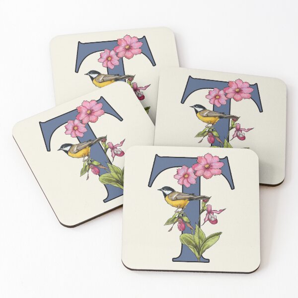 Item preview, LETTER T, Initial, Monogram, BIRD, Flowers, Ladyslipper, Cosmos, Pink designed and sold by JoyfulWhimsy.