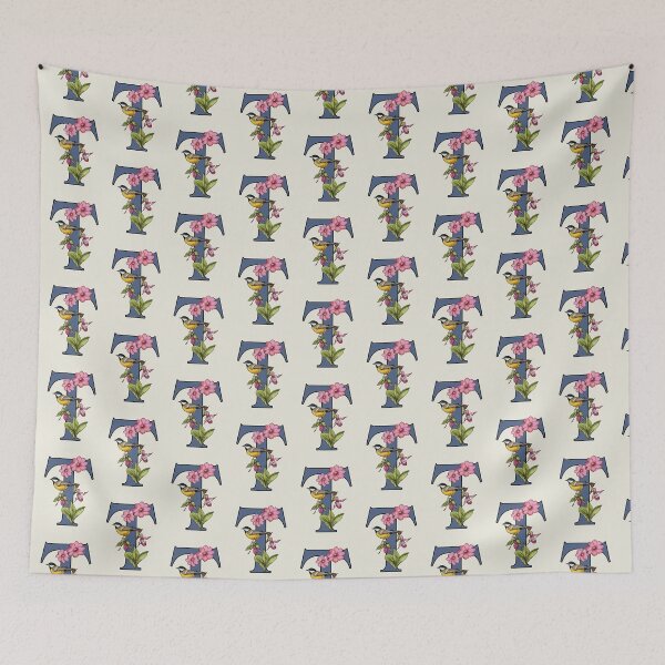 Item preview, LETTER T, Initial, Monogram, BIRD, Flowers, Ladyslipper, Cosmos, Pink designed and sold by JoyfulWhimsy.