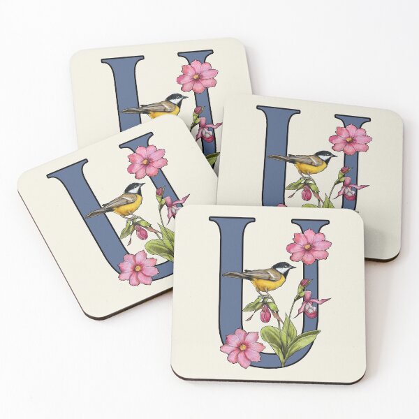 Item preview, LETTER U, Initial, Monogram, BIRD, Flowers, Ladyslipper, Cosmos, Pink designed and sold by JoyfulWhimsy.