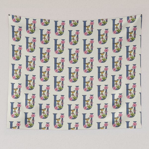 Item preview, LETTER U, Initial, Monogram, BIRD, Flowers, Ladyslipper, Cosmos, Pink designed and sold by JoyfulWhimsy.
