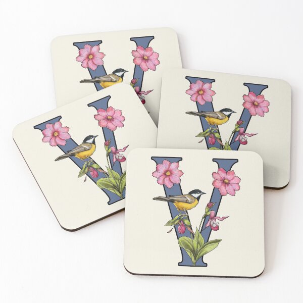 Item preview, LETTER V, Initial, Monogram, BIRD, Flowers, Ladyslipper, Cosmos, Pink designed and sold by JoyfulWhimsy.