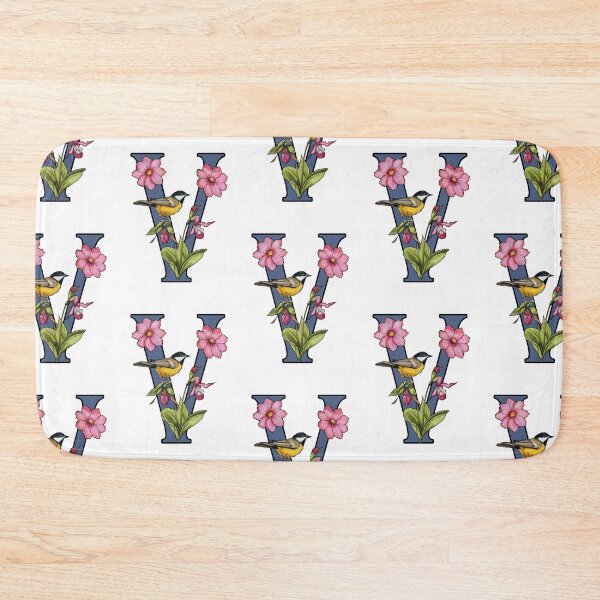 Aperçu de l'œuvre LETTRE V, Initiale, Monogramme, OISEAU, Fleurs, Ladyslipper, Cosmos, Rose créée et vendue par JoyfulWhimsy.