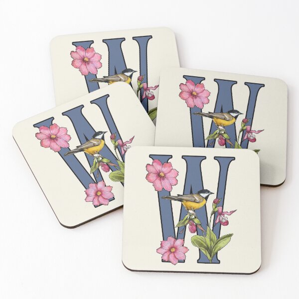 Item preview, LETTER W, Initial, Monogram, BIRD, Flowers, Ladyslipper, Cosmos, Pink designed and sold by JoyfulWhimsy.